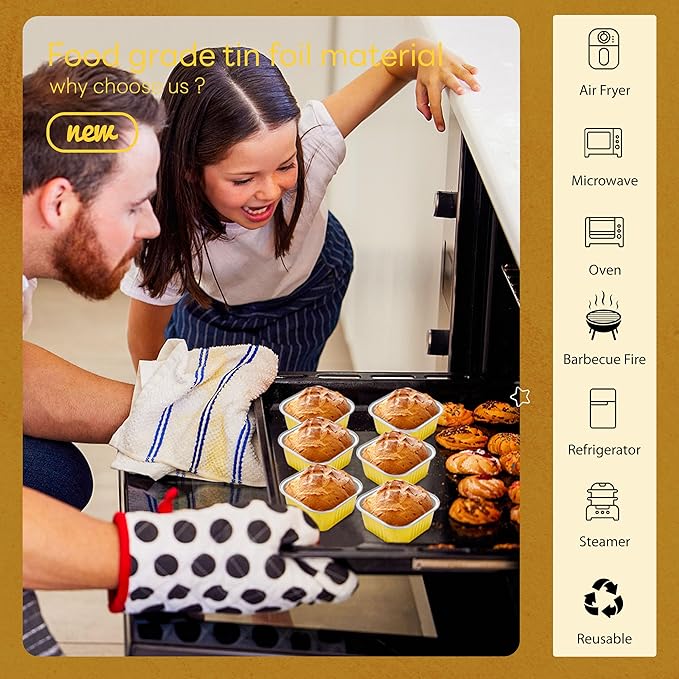 60 Pack Mini Cake Pans with Lids Square Mini Aluminum Pans Pie Tins Flan Containers for Wedding Birthday Party Gift (5OZ, Gold)