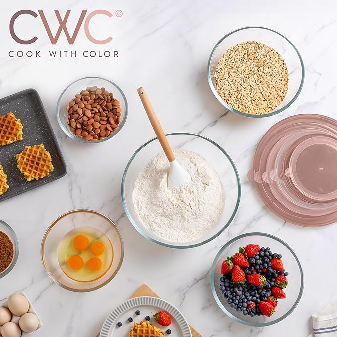 COOK WITH COLOR 12 Pc Glass Mixing Bowl Set with Lids – Borosilicate Glass Nesting Bowls for Cooking, Baking and Meal Prep, Pink