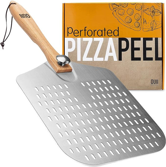 Perforated Pizza Peel 12 x 14 Inch. - Aluminum Metal Spatula Paddle for Grill with Foldable Handle. Pizza Oven Accessories and Tools. Turning Peel, Bread, Pastry, Dough, Cake.