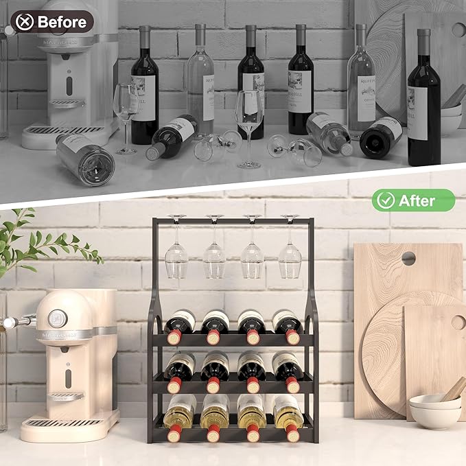 Wine Rack Countertop for 12 Wine Bottles and 4 Glass Holder, Small Bamboo Free Standing Racks Tabletop Display, Wooden Wine Storage Organizer for Cabinet Pantry Kitchen Bar Home Dining Room (Black)