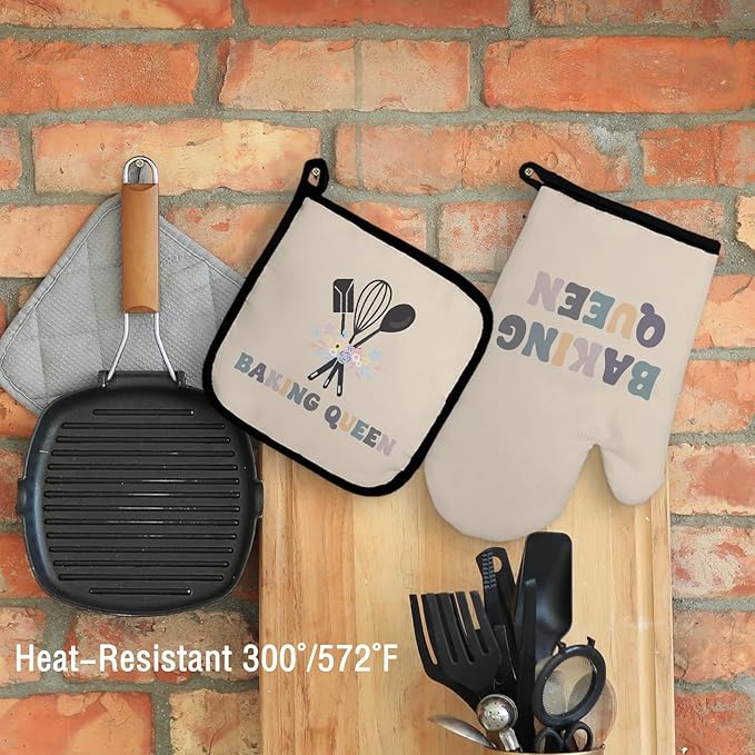 Baking Queen Oven Mitts and Pot Holders Sets, Baker Mittens, Gifts for Women, Beige Floral Kitchen Decor, Lover Gloves