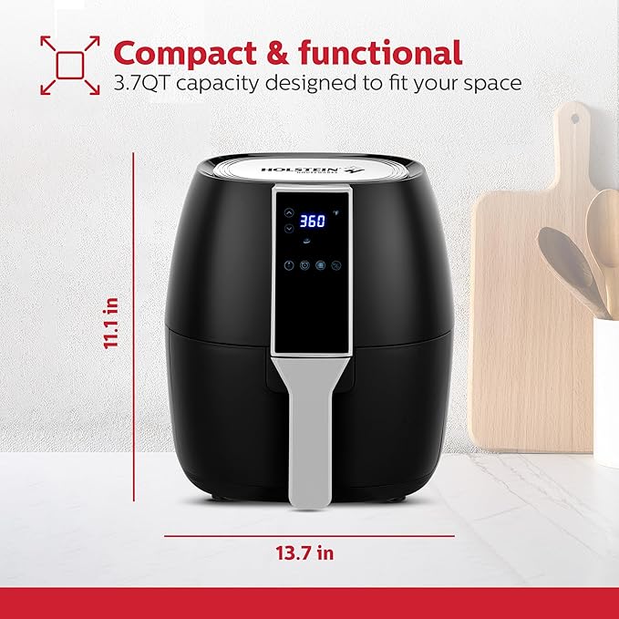 Holstein Housewares 3.7QT Digital Air Fryer. Hot Air Technology & PFOA Free Non Stick Coating for Less Oil Use with Led Display. 7 preset options, Air Fry, Bake, Grill, Dehydrate & roast. Black
