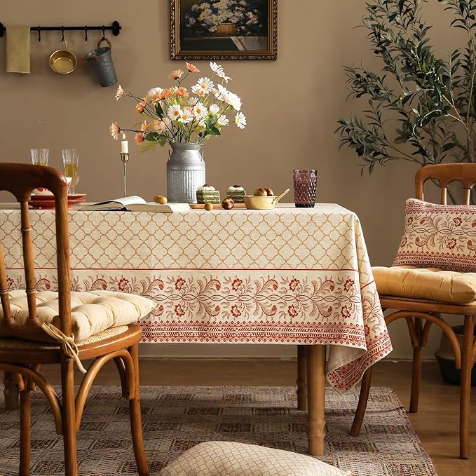 French Tablecloth for Square Tables,Floral Linen Table Cloth with Flaxen and Red Undertones,Heavy Durable Table Cover for Dining Thanksgiving Kitchen Party Banquet Christmas,67"*67"