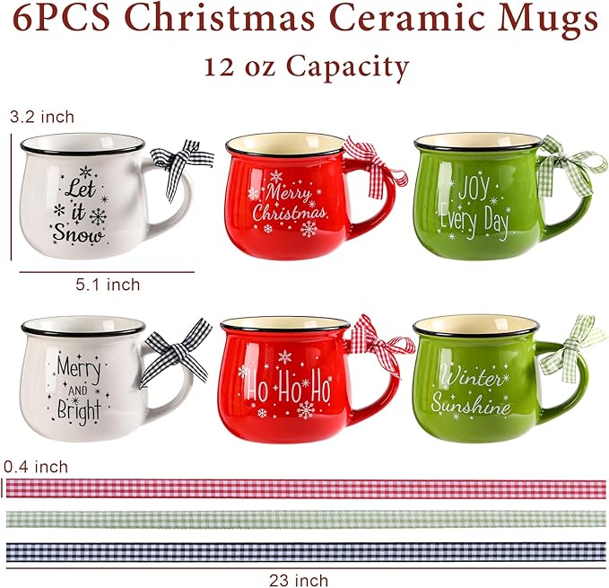 6PCS Christmas Coffee Mugs Set - 12 oz Ceramic Holiday Mugs for Hot Cocoa & Winter Beverages - Christmas Gift for Family, Friends, Women, Home Decor