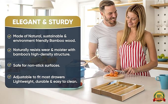 Expandable Bamboo Silverware Organizer Utensil Drawer Organizer Kitchen Utensil Organizer Cutlery Drawer Organizer 5-7 Slot Flatware Organizer For Drawers Gift Box 10-15 inch Length 14 Inch Height