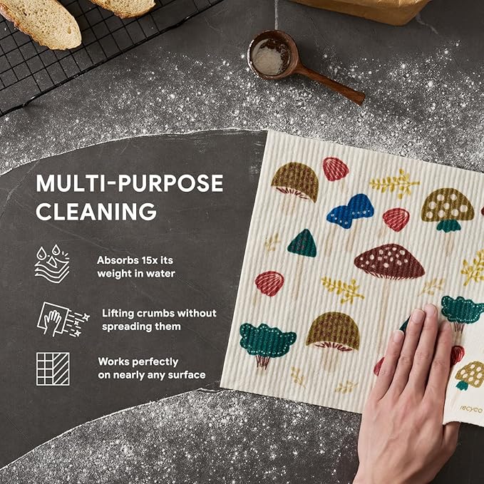 RECYCO Swedish Dishcloths for Kitchen | 4 Pack Oversized Washable Dish Rags | Large Cellulose Reusable Cleaning Paper Towels | Absorbent Counter Dish Cloth Sponge XL Kitchen Wipes, 12" L x 10" W