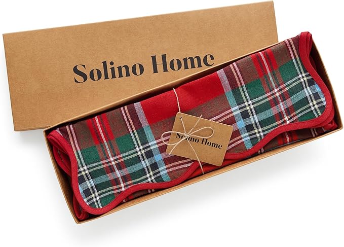 Solino Home Scallop Cloth Placemats Set of 4-100% Pure Linen Red Madras Holiday Plaid Placemats 14 x 19 Inch for Christmas - Giselle Scallop Edge, Handcrafted and Machine Washable