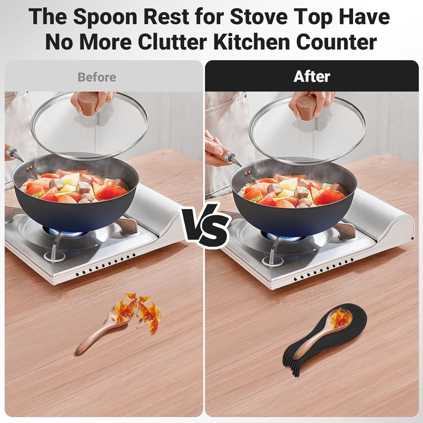 Heat Resistant Silicone Spoon Rest, Non-Slip Spoon Holder for Kitchen Counter, Silicone Spoon Rest for Stove Top for Spoons, Spatulas, Ladles, Tongs (Black)