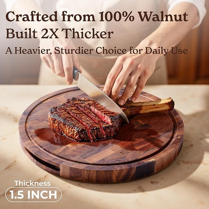SMIRLY Round Wooden Cutting Boards 1.5” Thick For Kitchen Meal Prep & Serving - Walnut Cutting Board, Charcuterie & Chopping Board, Wood Cutting Board, Kitchen Gadgets