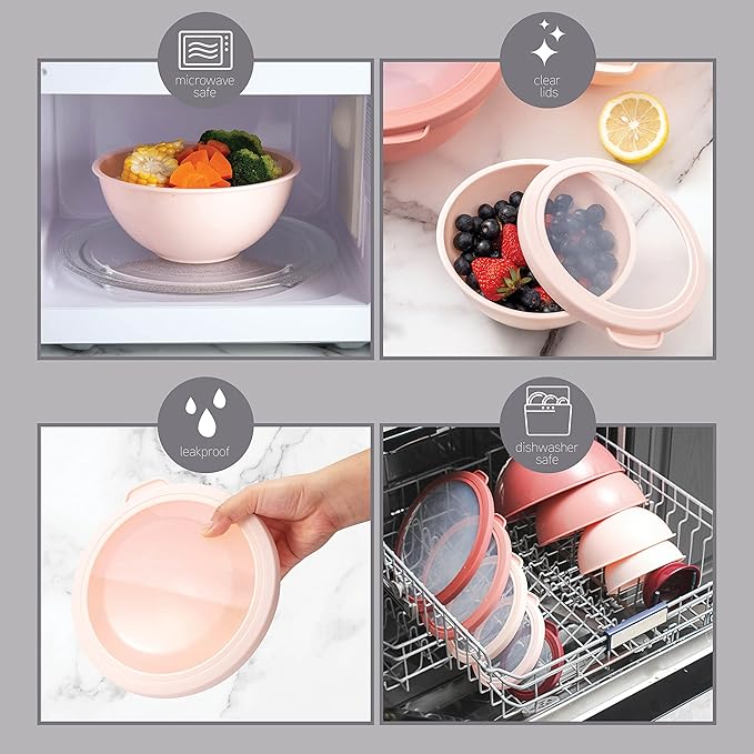 COOK WITH COLOR Mixing Bowls with TPR Lids - 12 Piece Plastic Nesting Bowls Set includes 6 Prep Bowls and 6 Lids, Microwave Safe (Rose)