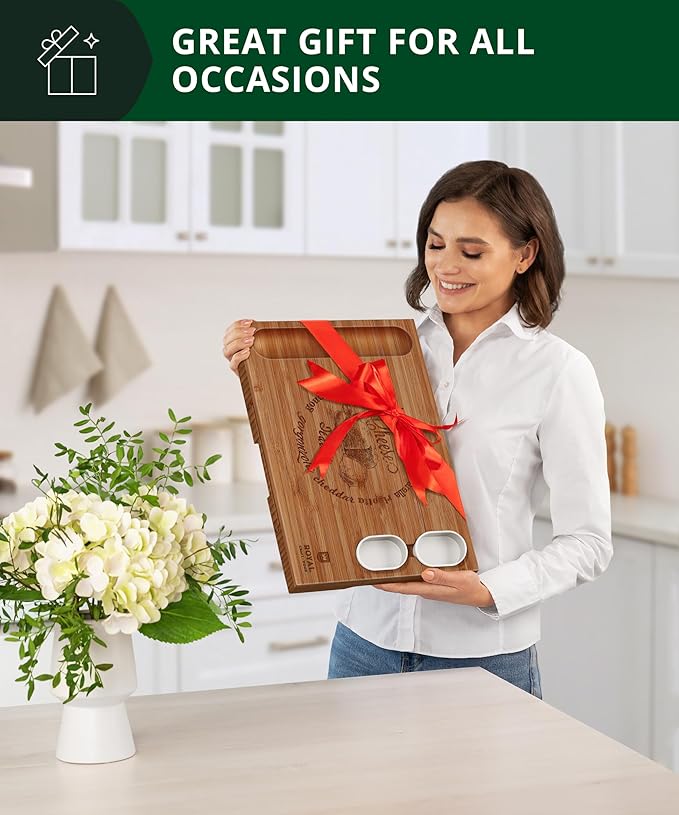ROYAL CRAFT WOOD Bamboo Charcuterie Boards - Cheese Board Set with 2 Sauce Bowls, 4 Knives - Unique Charcuterie Board & Serving Tray - House Warming Gifts New Home Gifts