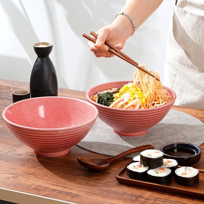 NUTRIUPS 8 Inch Ceramic Ramen Bowl Set of 2 Pho Bowls 40oz Japanese Noodle Udon Soup Bowls with Spoons and Chopsticks (pink)