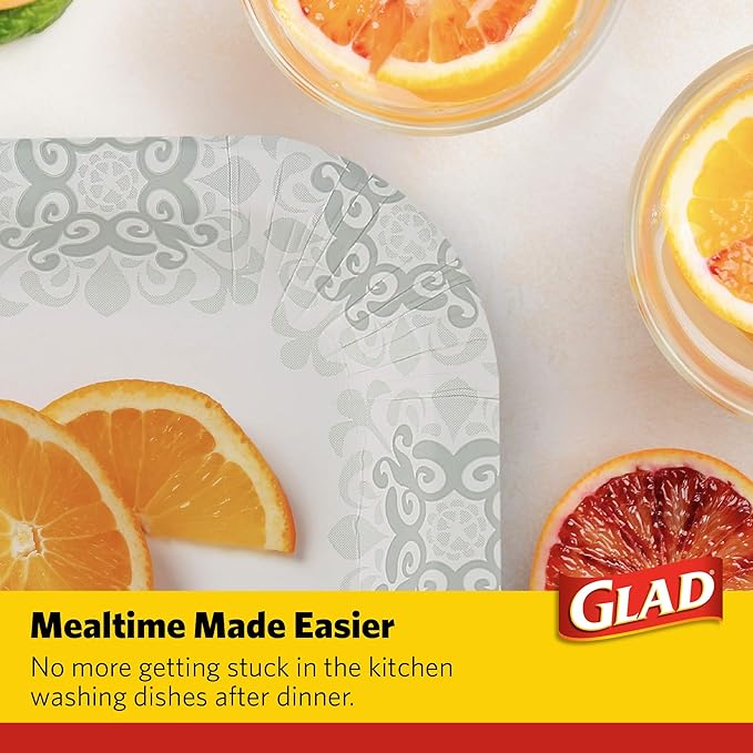 Glad Square Disposable Paper Plates, Grey Victorian Pattern - Strong, Sturdy, Soak Proof, and Microwavable Decorative Plates for Dinner and Everyday Use, 7 Inch, 50 Count