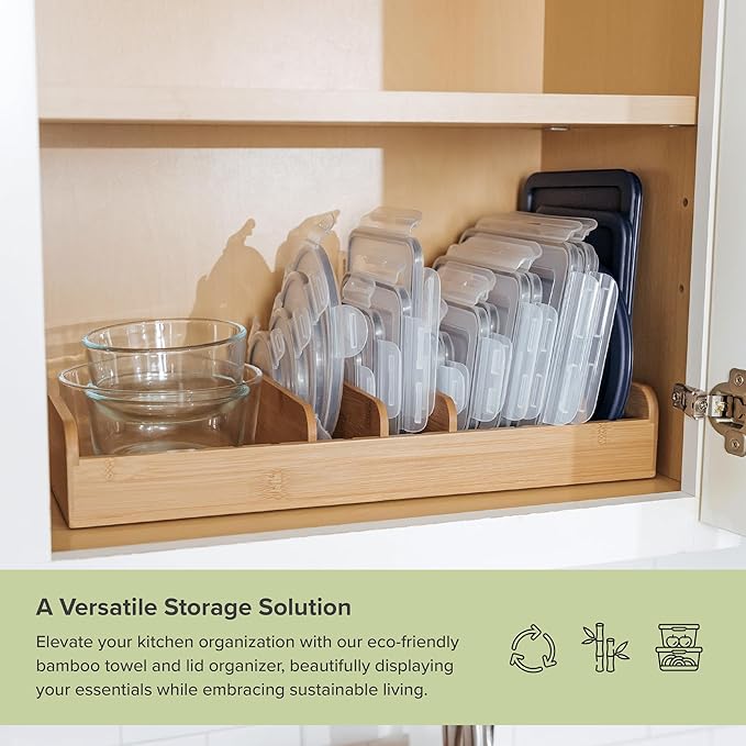 Bamboo Kitchen Towel and Food-Storage Organizer, Perfect for Kitchen Drawers, Cabinets, Pantry, 5 Adjustable Wall Inserts, Organize & Store Plastic Food Containers