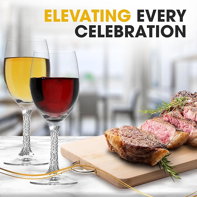 Premium Wine Glasses Set of 2 - Crystal Long Stem Wine Glass with Silver Rhinestone Stem Design - 12 oz