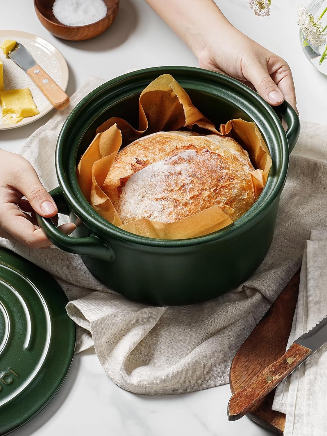 LE TAUCI 3 Quart Ceramic Dutch Oven - Lightweight, Non-Toxic, No Seasoning Needed- Oven, Microwave & Dishwasher Safe, Dutch Oven Pot with Lid for Sourdough, Soup & Stew, Forest Green