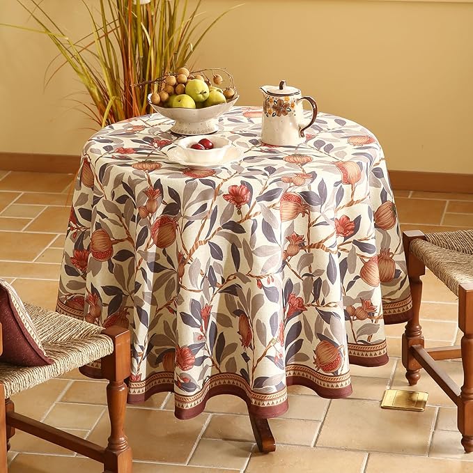 patdrea Designer Brown Tablecloth for Round Tables,Framhouse Linen Pomegranates and Leaves Tree Linen Tablecloth,Fall Fruits Table Cover Cloth Decor for Kitchen Dining Christmas,Diameter 55"