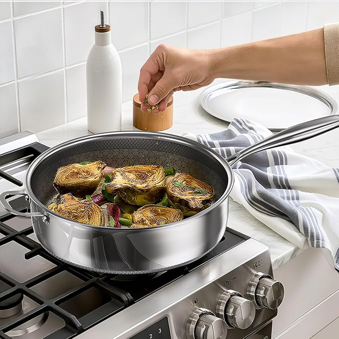 5 Qt Saute Pan with Lid, 5 Ply Stainless Steel Pan with Lid, Non Stick Frying Pans, Cooking Pot Deep Frying Pan Non-Toxic, For Induction, Oven, Dishwasher Safe