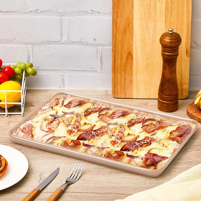 2 Pcs 17 Inch Grandma Style Pizza Pan Hard Rectangular Gold Non Stick Sicilian Style Carbon Steel Pizza Pan Dish Pre Seasoned Bakeware Kitchenware