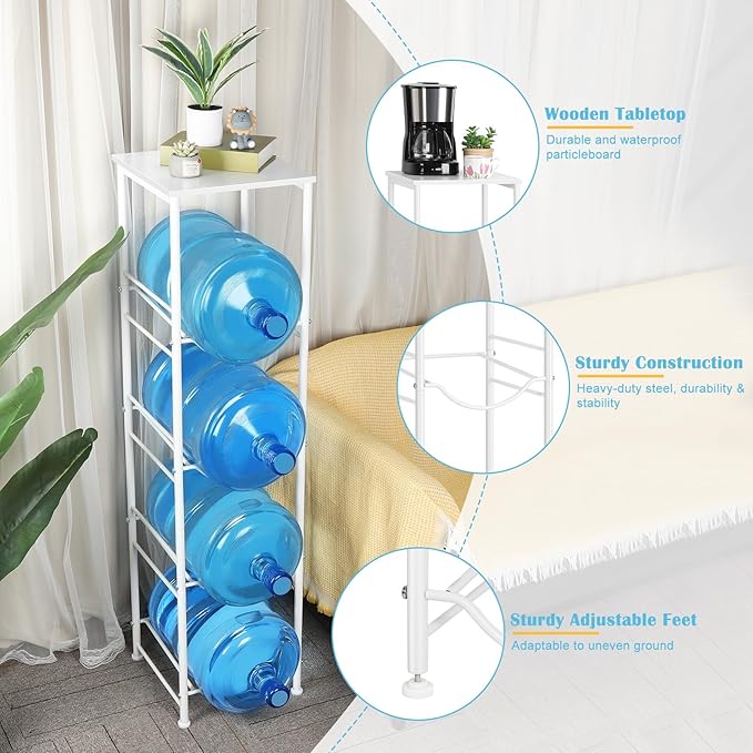 Vrisa 5 Gallon Water Jug Holder with Storage Shelf Water Bottle Holder Organizer 4 Tier 3/5 Gallon Water Jug Stand Rack Heavy Duty Water Dispenser Rack for Home Office Kitchen, White