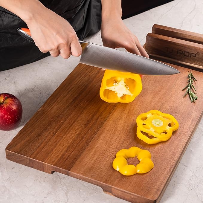 TJ POP Acacia Wood Cutting Board for Kitchen, Premium Wooden Chopping Board with Stand Organizer and Built-in Handle, 15.8 x 11.9 x 1 Inches Butcher Block Large Cheese Serving Board