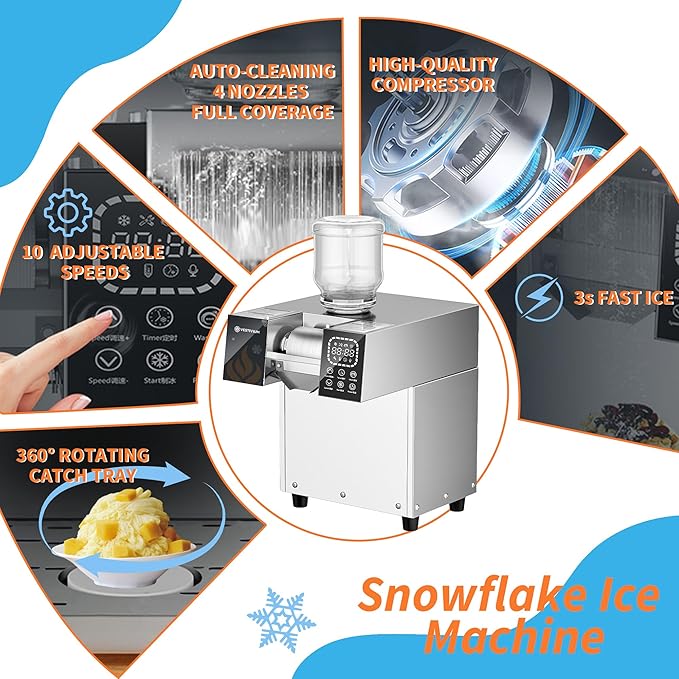 Snowflake Ice Machine, Commercial Shaved Ice Machine, Electric Snow Cone Maker, 10 Gears Adjustable Speed for Home, Outdoor Kitchen, Restaurant, Bakery, Café (Liquid Cooling, 250kg/24H)