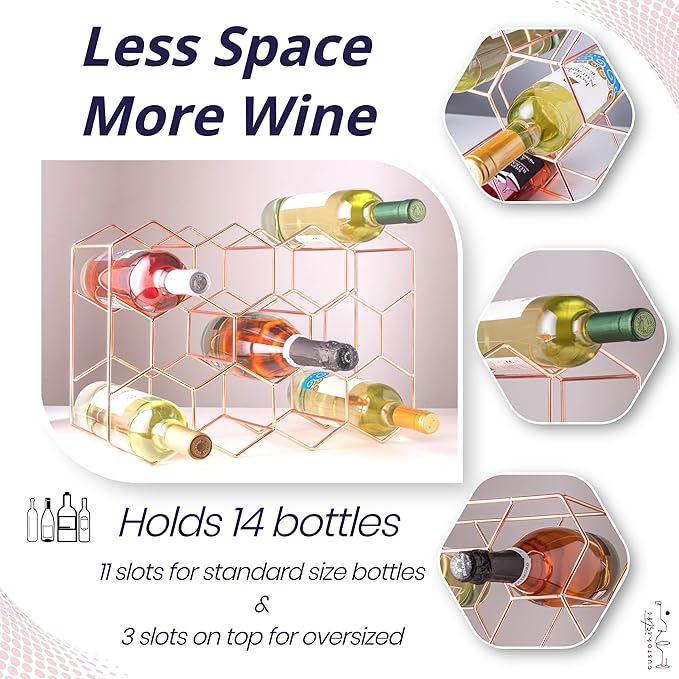 Gusto Nostro Countertop Wine Rack - 14 Bottle Freestanding Modern Metal Wine Rack - 3 Tier Tabletop Wine Holder Stand for Cabinet, Pantry Wine Bottle Storage - No Assembly Required (Small, Rose Gold)