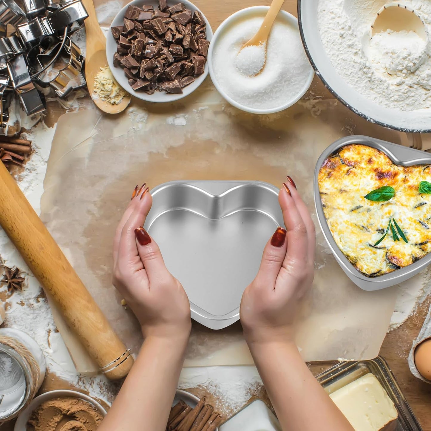 2 Pack 8 Inch Heart Shaped Cake Pans with Fixed Bottom, Aluminum Heart Baking Pan, Hearts Cake Mold for Wedding, Party