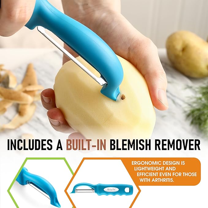 Spring Chef Stainless Steel Swivel Potato Peelers for Kitchen, Dishwasher Safe Veggie Peeler for Kitchen with Soft Grip Handle & Sharp Blades, Great for Vegetable, Apple, Carrot - Set of 2 - Teal