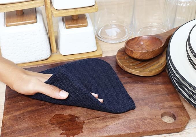 PurpleEssences Dish Cloths and Dish Rags - 8 Pack Waffle Weave Solid Kitchen Dish Wash Cloths, 100% Cotton, 12 x 12 Inches, Ultra Soft Absorbent Quick Drying - Christmas Holiday Winter - Navy Blue