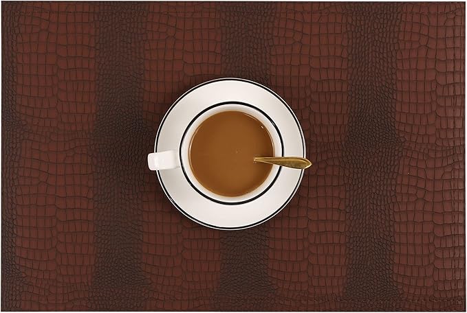 Faux Leather Hardboard Placemats, Set of 6 PU Table Mats, Easy to Clean, Heat & Stain Resistant for Office Conference Table, Dining Home Decor, Brown