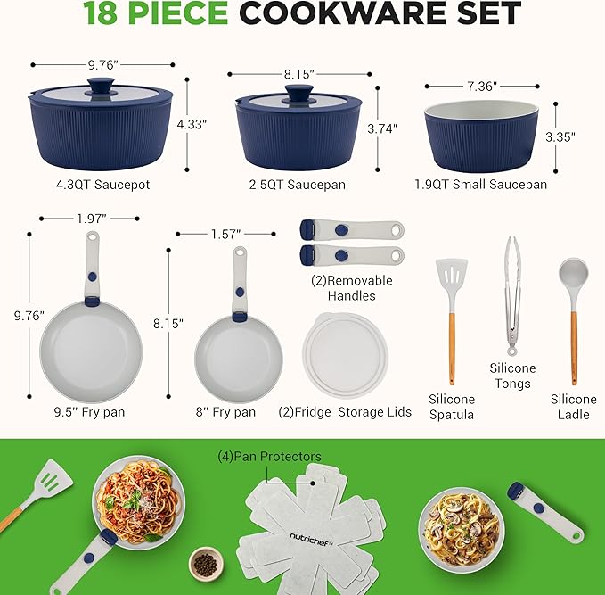 NutriChef 18-Piece Ceramic Cookware Set with Detachable Handles, Non Stick Pots and Pans, PTFE-Free Natural Ceramic Coating, Space-Saving Design, Oven & Stove Safe, Includes Utensils, Blue