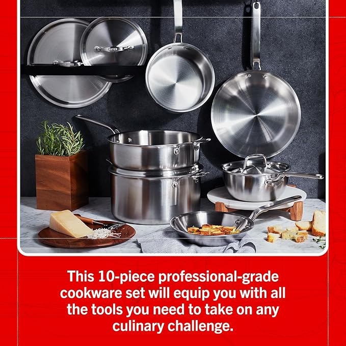 Heritage Steel Eater Series 10 Piece Cookware Set | Made in USA | 5 Ply Fully Clad Stainless Steel Cookware Set | Stay Cool Handle | Induction Ready & Non-Toxic