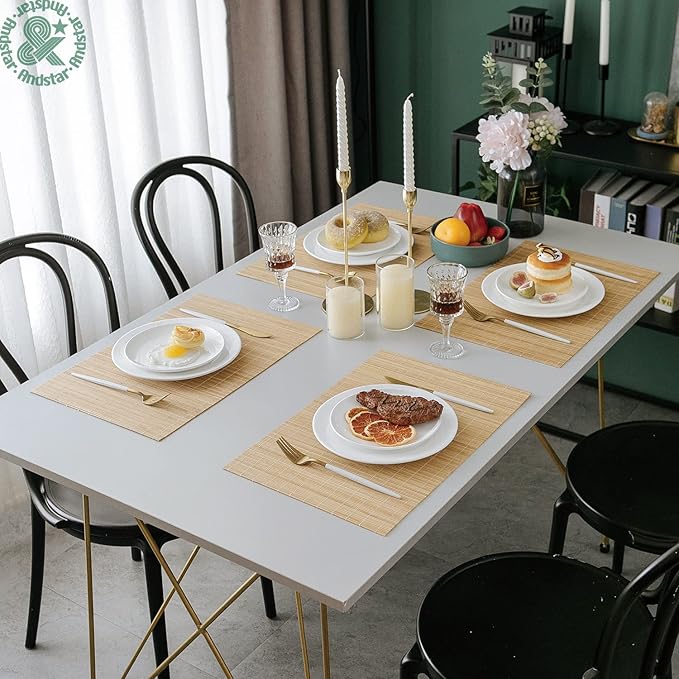 ANDSTAR Set of 4 Pcs Bamboo Placemats Sushi Rolling Mat Japanese Style Natural Anti-Slip Bamboo Placemats Washable Heat-Resistant Table Mats for Dining Room and Kitchen（Natural Color）
