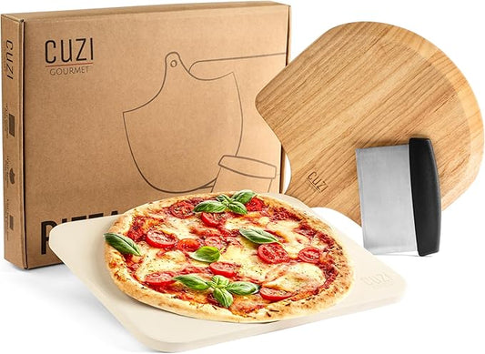 Cuzi Gourmet 3-Piece Pizza Stone Set - 15x12" Thermal Shock Resistant Cordierite Pizza Stone, 15x12" Natural Wood Pizza Peel & Pizza Cutter - Pizza Stone for Grill and Oven