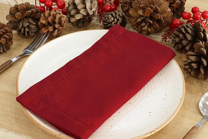 PurpleEssences Set of 12 Hemstitch Cloth Dinner Napkins 100% Cotton - Soft Durable Washable - Ideal for Wedding Fall Thanksgiving - Perfect Everyday Use Table Linen 18x18 - Red