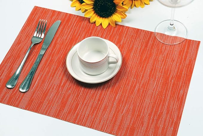 SHACOS Orange Placemats Set of 6 Woven Vinyl Place Mats for Dining Table Indoor Outdoor Wipe Clean Table Mats Thanksgiving Holiday Party Banquet Buffets Table Decor (6, Orange)