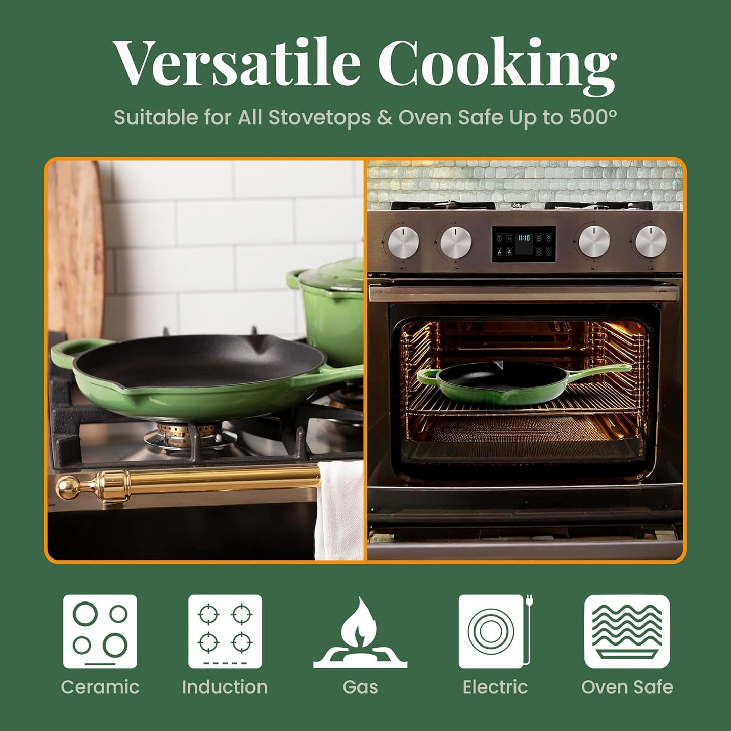 Larder & Vine Enameled Cast Iron Skillet | 10.25 inch Cast Iron Pan | Saute Pan with Pour Spouts | Enamel Coated Cast Iron Skillet | Compatible on All Cooktops & Oven Safe to 500° F | Okra