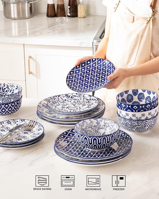 Sweejar 18 Pieces Ceramic Dinnerware Sets, Handmade Plates and Bowls Sets, Highly Scratch Resistant Dishes Set for Kitchen,Porcelain Dishwasher & Microwave Safe Dishes Set,Service for 6 (Vintage Blue)