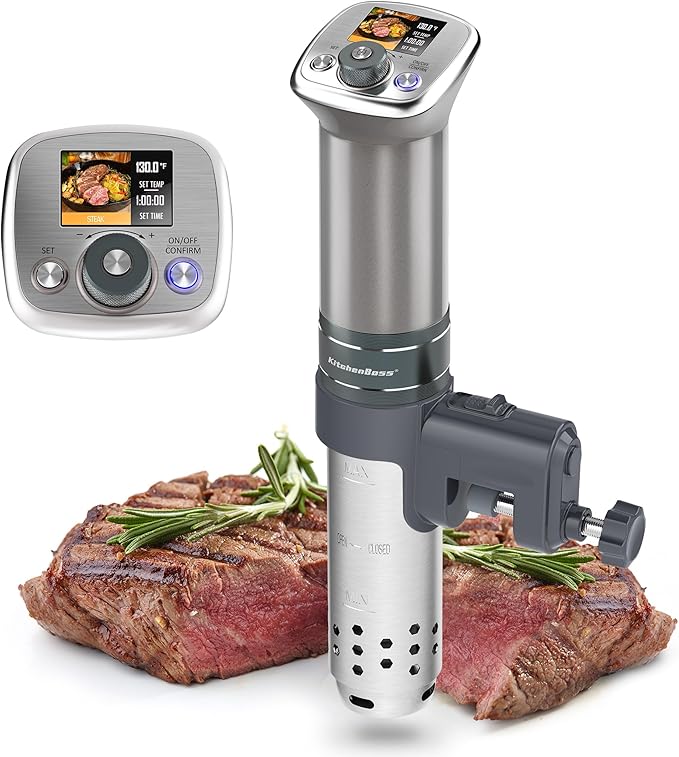 KitchenBoss Sous Vide Cooker Machine: Ultra-Quiet Built-in TFT Recipes IPX7 Waterproof Circulator Cooker Brushless DC Motor 1100 Watts Immersion Circulator Sous Vide Cooking Machine G320, Silver