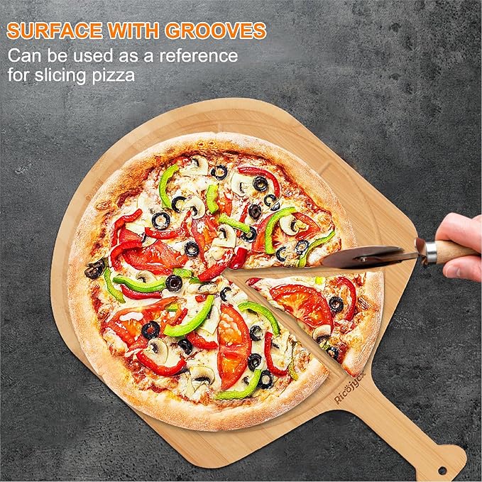 12 inch Natural Bamboo Pizza Peel Set of 2, Double-Sided Use Pizza Cutting Board with 8 Slice Grooves for Pizza, Bread, Cheese, Vegetable, Fruits
