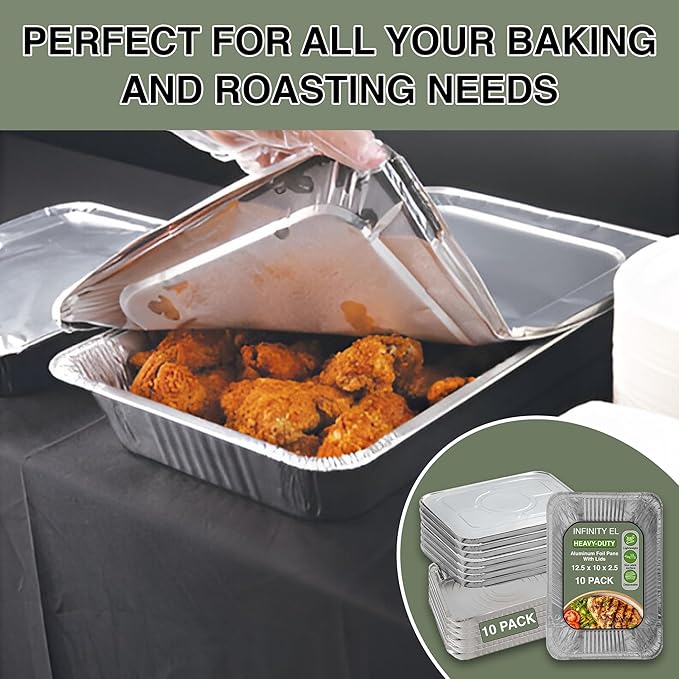 INFINITY EL Disposable Aluminum Foil Pans with Lids 10 Pack | Half-Size 12.5"x 10"x 2.5" Deep Disposable Baking Pan | Heavy Duty Aluminum Pan for Roasting Turkey, Lasagna, Thanksgiving, Christmas