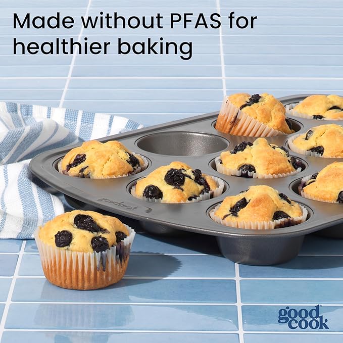 GoodCook Set of 2 Everyday Nonstick 12 cup standard and 24 cup mini Muffin Pan, Gray