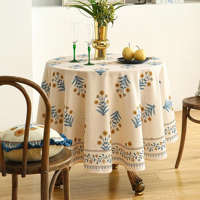 French Tablecloth for Round Tables,Linen Table Cloth with Yellow Flowers and Leavs Pattern,Heavy Durable Table Cover for Dining Thanksgiving Kitchen Decor Party Christmas,Diameter 55"