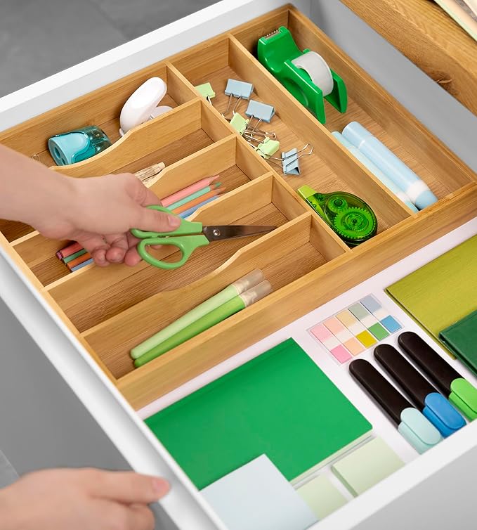 ROYAL CRAFT WOOD Luxury Bamboo Utensil Rack and Silverware Organizer, Kitchen Drawer Organizer - Utensil Holder and Cutlery Tray with Grooved Drawer Dividers for Flatware 7 Slot, Natural