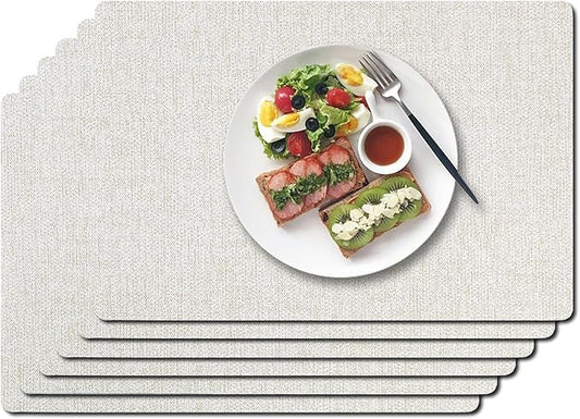 Vinyl Placemats Set of 6-12×17.7 Inch Waterproof & Heattable Placemats, Fall Faux Leather Wipeable Outdoor Table Mat for Dining, Kitchen, Indoor Outdoor Use (Beige, Wood Grain)