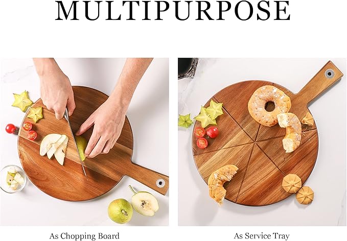 Pizza Peel 12 Inch, Wood Pizza Board with Handle, Round Pizza Paddle with Cutter, Pizza Cutting Board for Cheese Bread Fruit Vegetables, Pizza Accessories Supplies