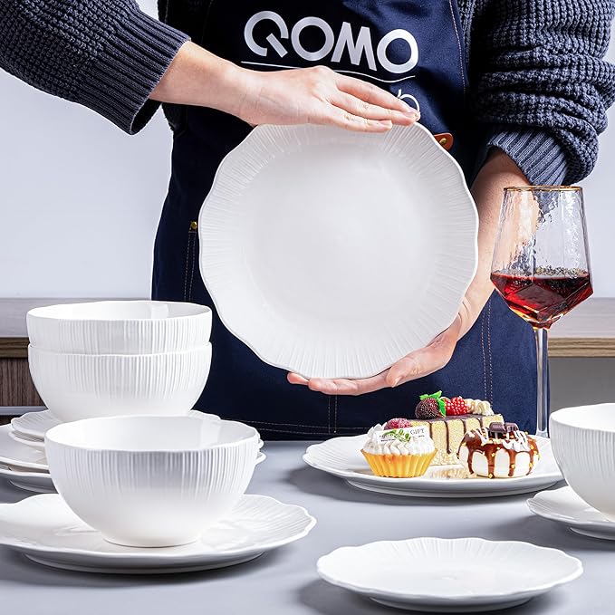 12 Pcs Porcelain Dinnerware Sets for 4, Ceramic Plates and Bowls Sets with Embossment, Oven, Dishwasher and Microwave Safe - Scratch Resistant Dish Set, QOMO-1996