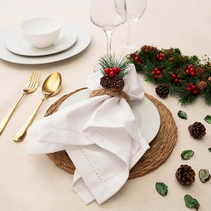 Blue Needles Set of 12 Hemstitch Linen Napkins 100% Cotton White Cloth Dinner Napkins 18x18 inches, Soft, Reusable, Absorbent, Washable, Ideal for Fall Thanksgiving Events, Parties & Everyday Use