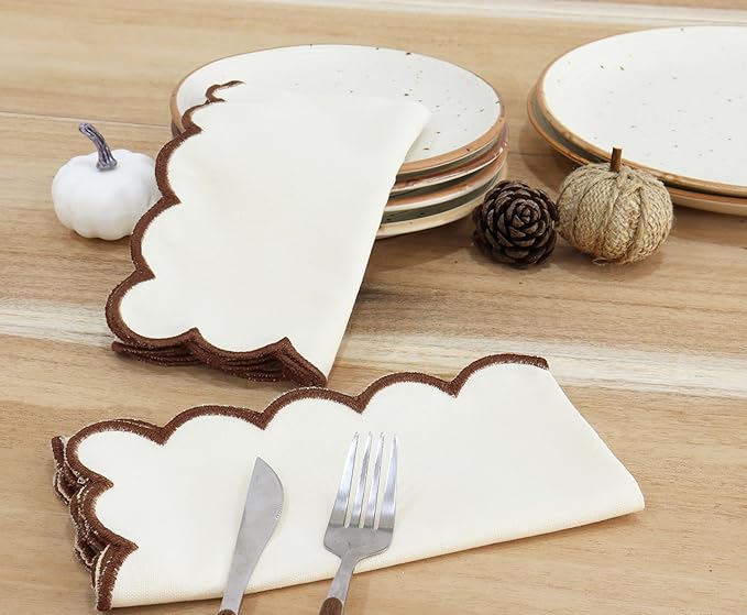 PurpleEssences Scalloped Embroidery Cloth Napkins Christmas Holiday Winter Table Decor 100% Cotton Set of 4-18 x 18 inch - Beige - Edges - Brown